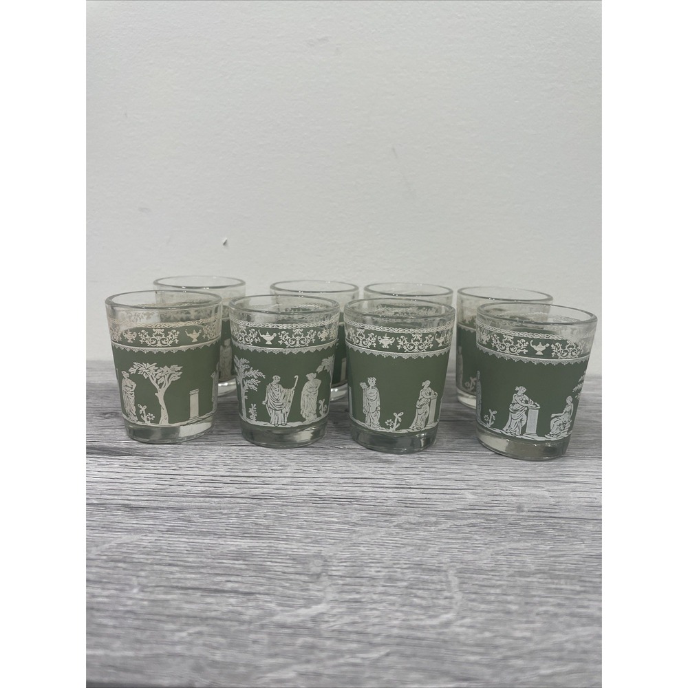 Wedgwood Jeanette Hellenic Vintage Jasperware Green Grecian 8 Shot Glasses.